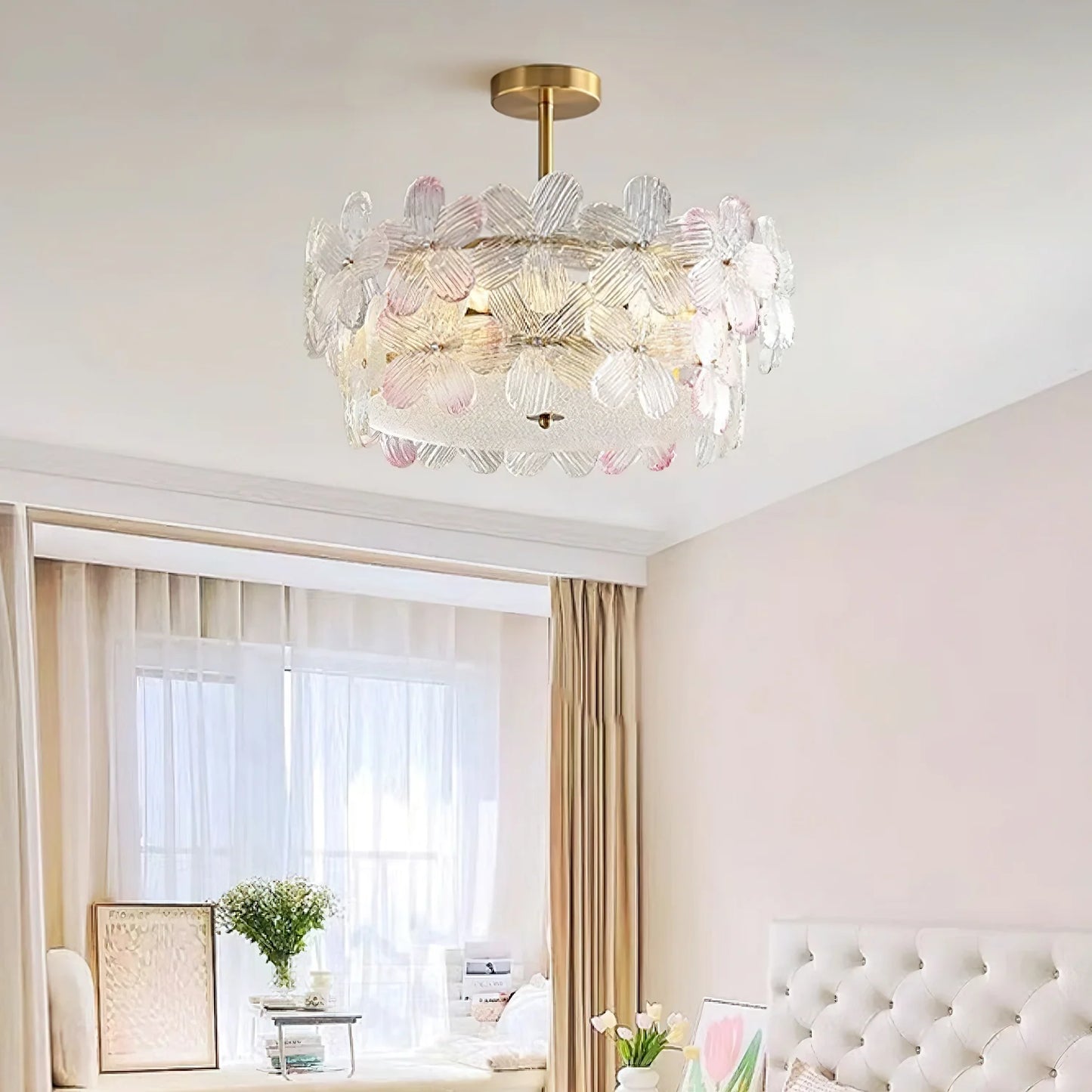 Lámpara de Techo de Cristal Esmerilado con Racimo de Flores