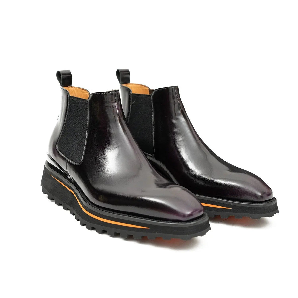 Burgundy-Black Plain-Toe Cow Leather Chelsea Boots