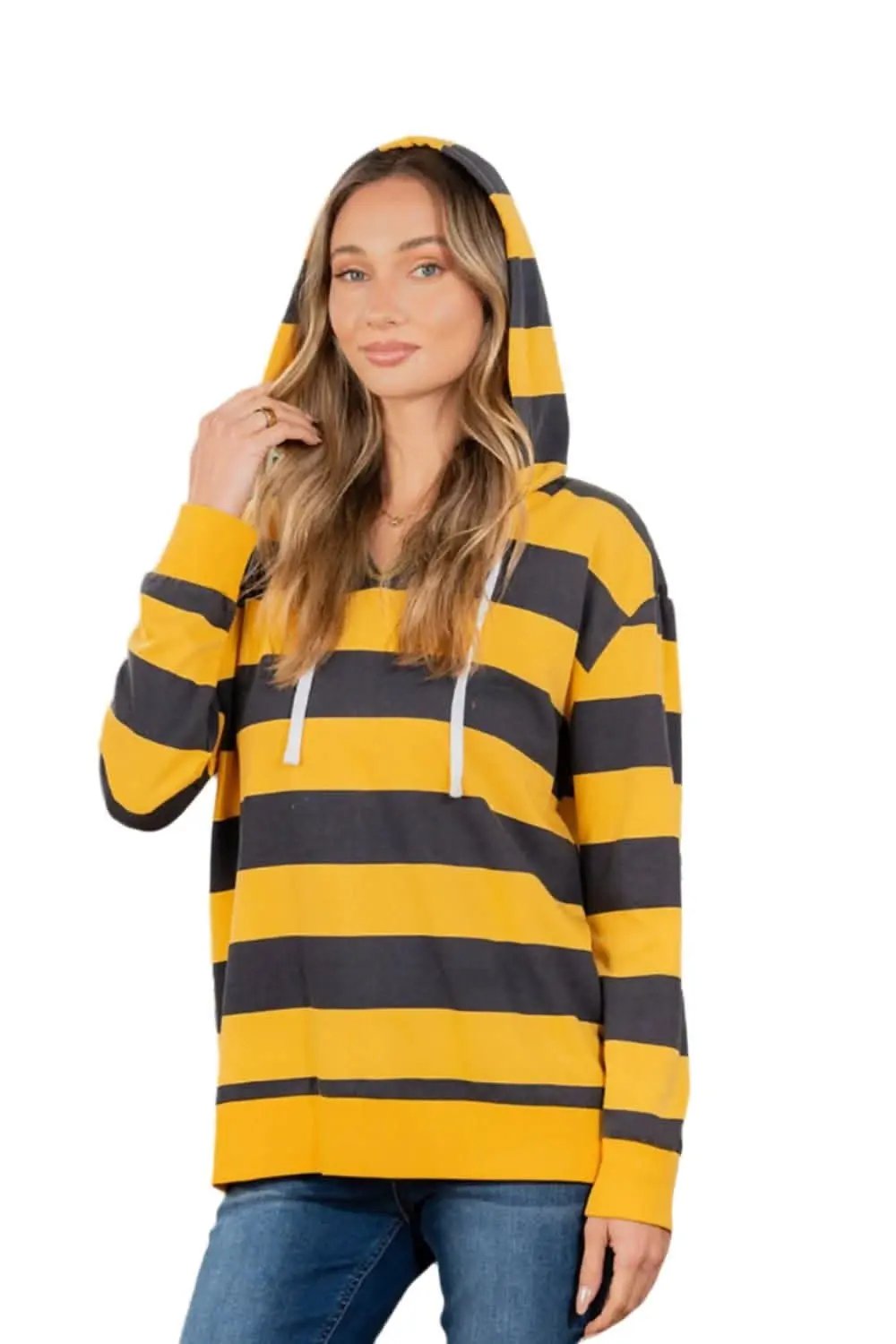 Women's Hoodie Women's Striped Hoodie - Drawstring Long Sleeve - Casual