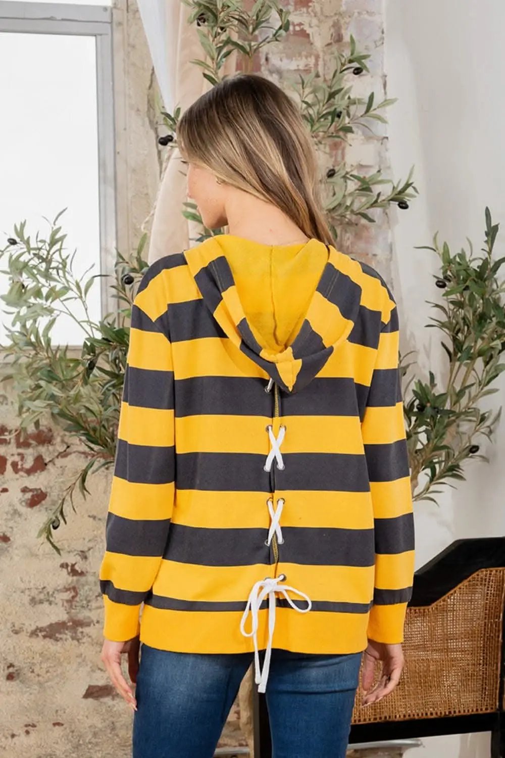 Women's Hoodie Women's Striped Hoodie - Drawstring Long Sleeve - Casual