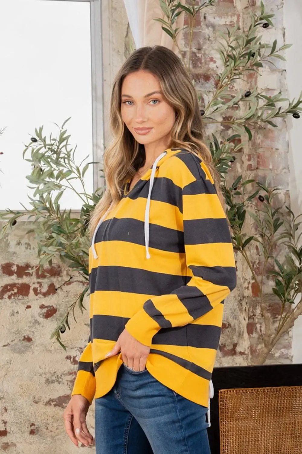 Women's Hoodie Women's Striped Hoodie - Drawstring Long Sleeve - Casual