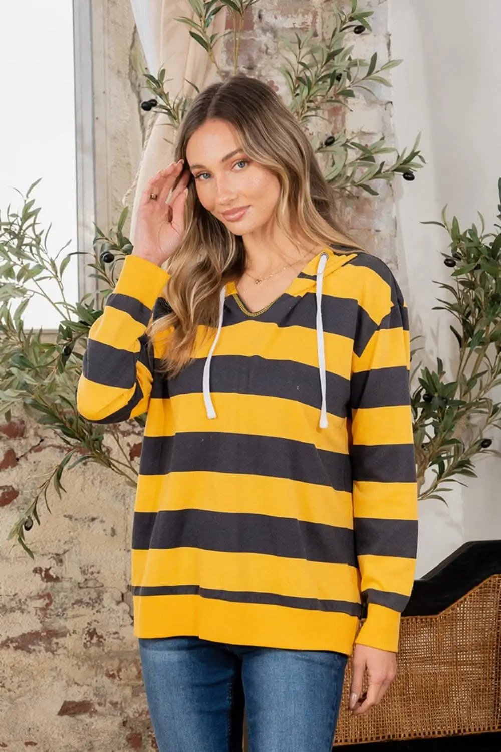 Women's Hoodie Women's Striped Hoodie - Drawstring Long Sleeve - Casual