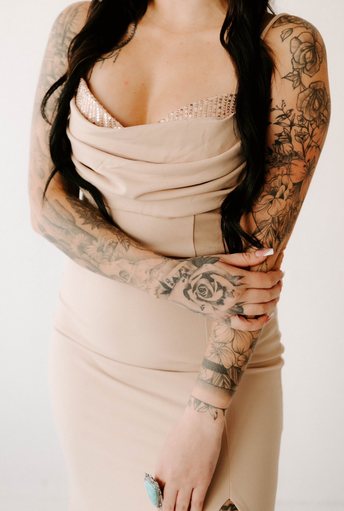 Maddie's Sequin Bust Draped Maxi Dress