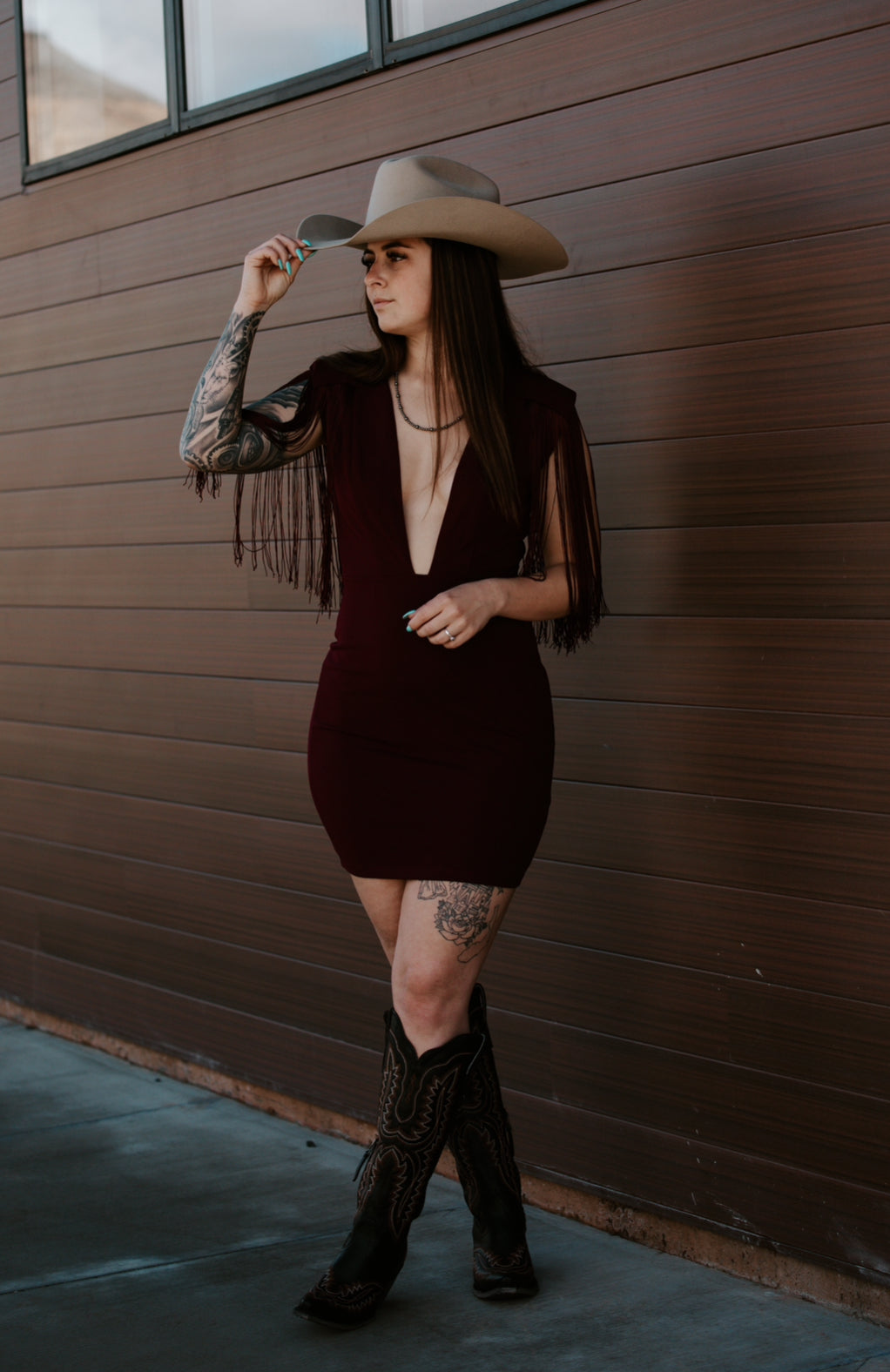 Dallas' Fringe Deep Neck Mini Dress