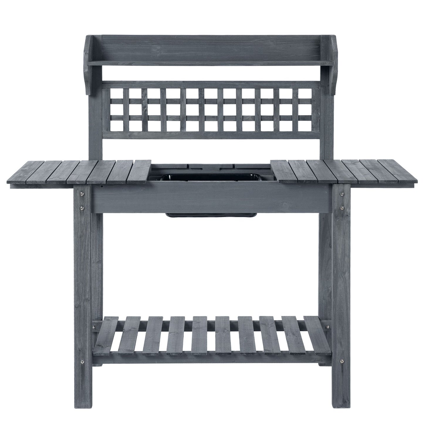 Mesa de trabajo de madera gris para exteriores, extensible con fregadero de plástico de grado alimenticio