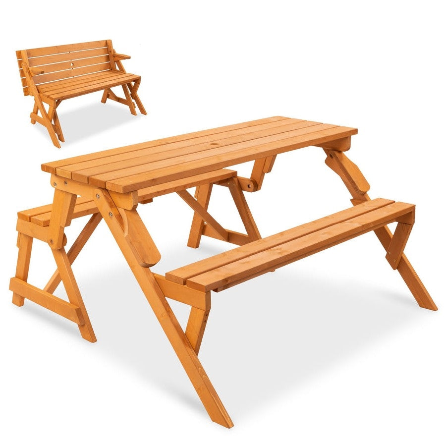 Mesa de picnic de madera 2 en 1 multiusos, intercambiable para exteriores, banco de jardín, orificio para sombrilla