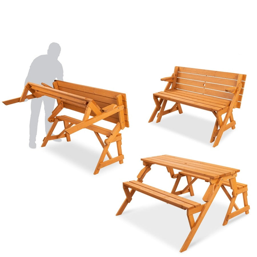 Mesa de picnic de madera 2 en 1 multiusos, intercambiable para exteriores, banco de jardín, orificio para sombrilla