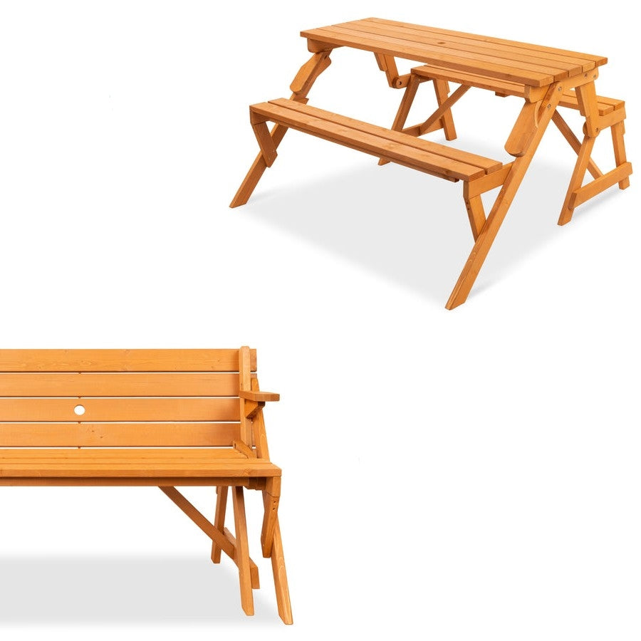Mesa de picnic de madera 2 en 1 multiusos, intercambiable para exteriores, banco de jardín, orificio para sombrilla