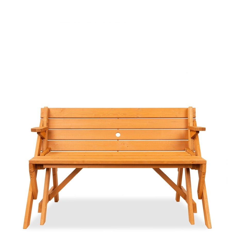 Mesa de picnic de madera 2 en 1 multiusos, intercambiable para exteriores, banco de jardín, orificio para sombrilla