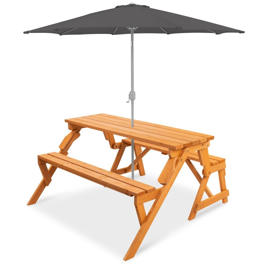 Mesa de picnic de madera 2 en 1 multiusos, intercambiable para exteriores, banco de jardín, orificio para sombrilla
