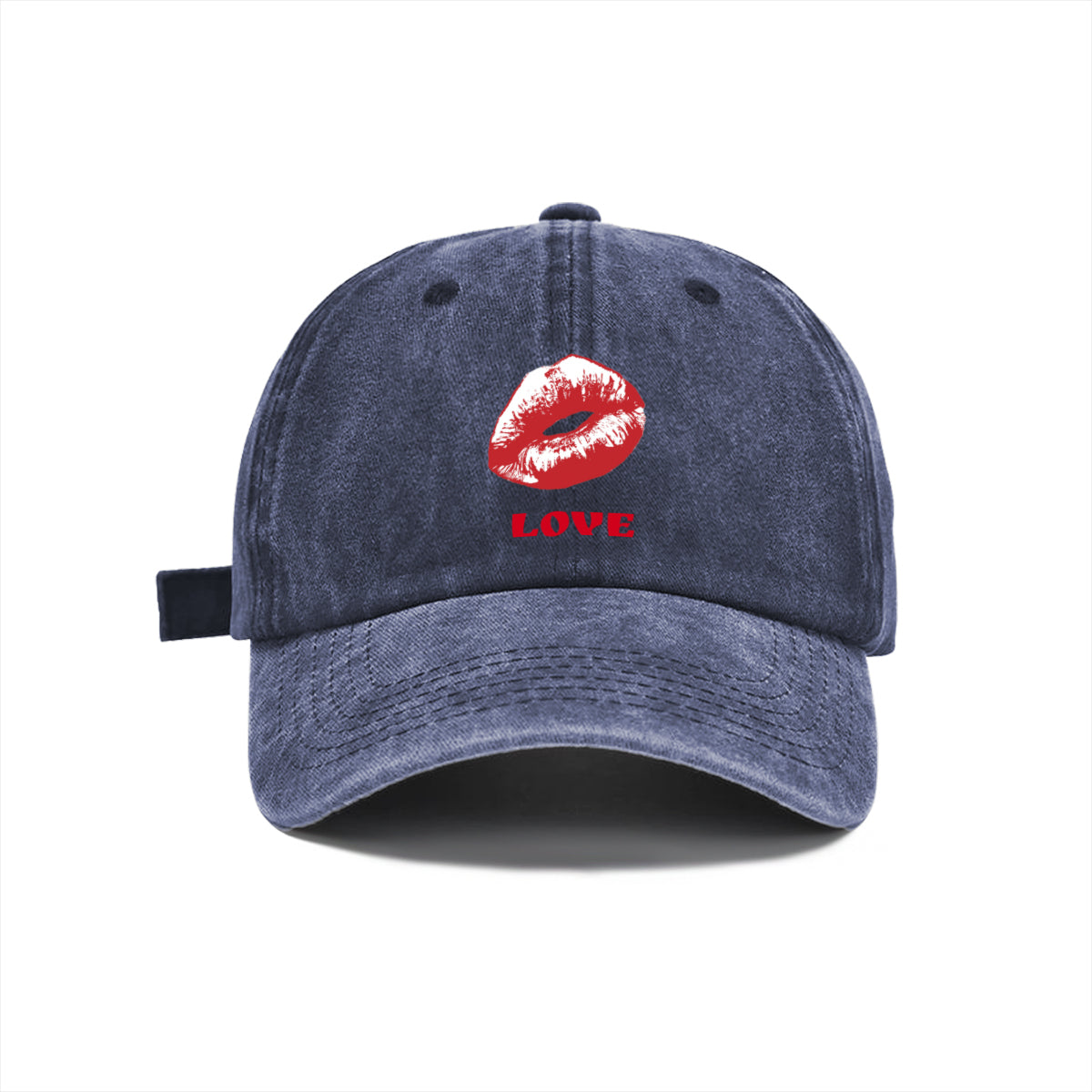 Red Love and Lips Washed Denim Baseball Cap