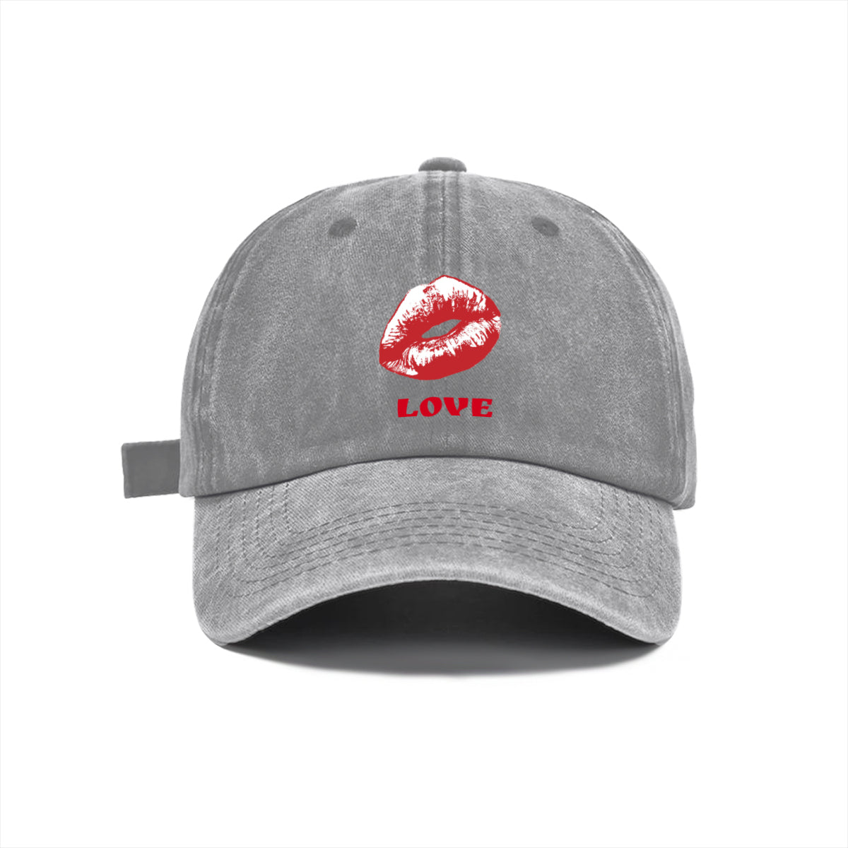Red Love and Lips Washed Denim Baseball Cap