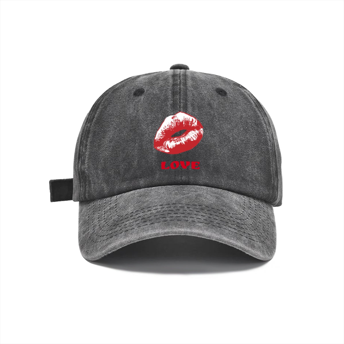 Red Love and Lips Washed Denim Baseball Cap