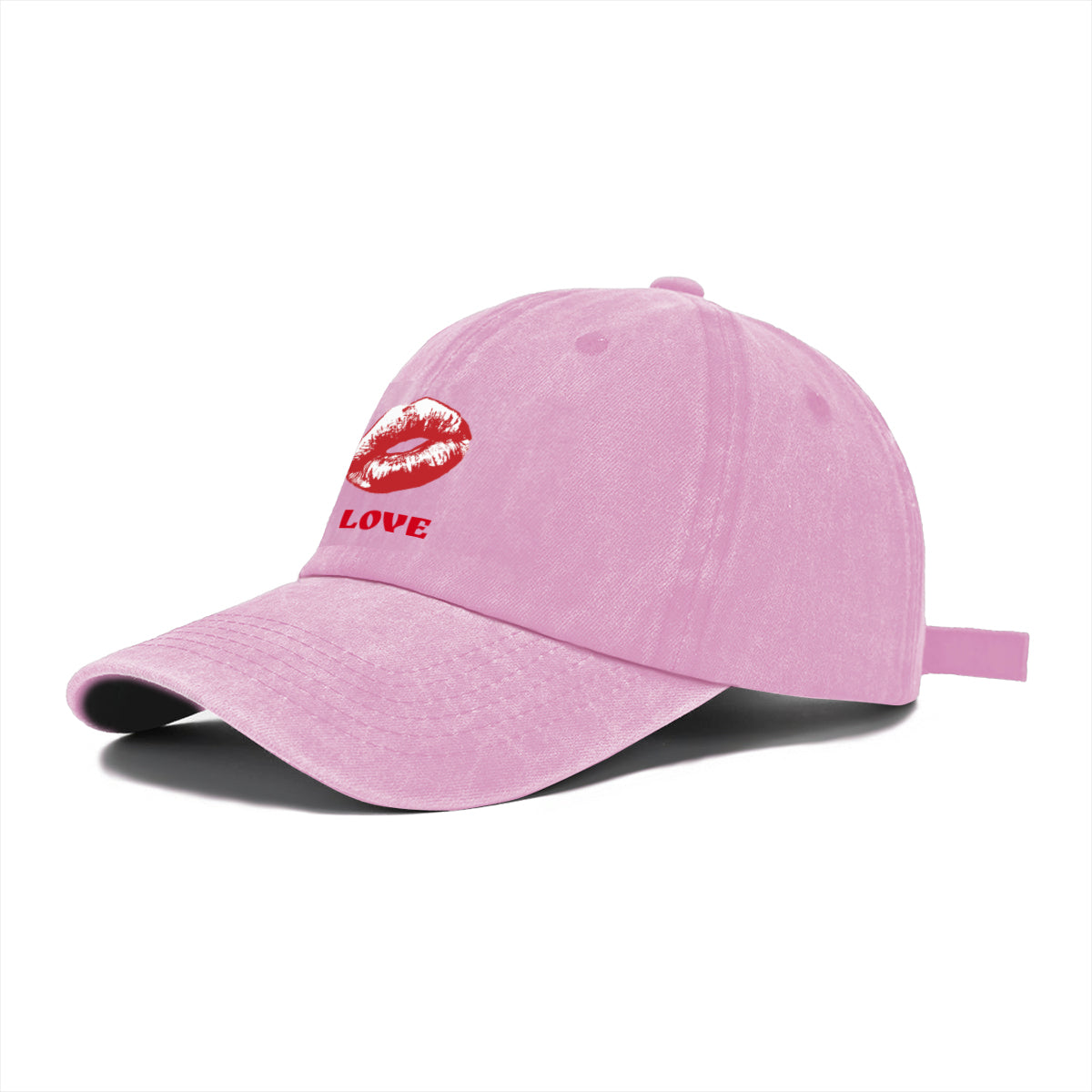 Red Love and Lips Washed Denim Baseball Cap