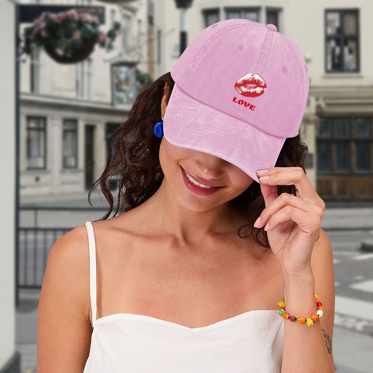 Red Love and Lips Washed Denim Baseball Cap