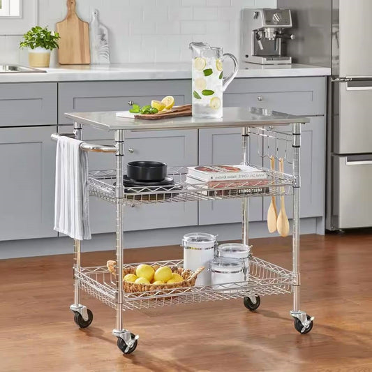 Carro de cocina con isla con encimera de acero inoxidable y 2 estantes de almacenamiento inferiores