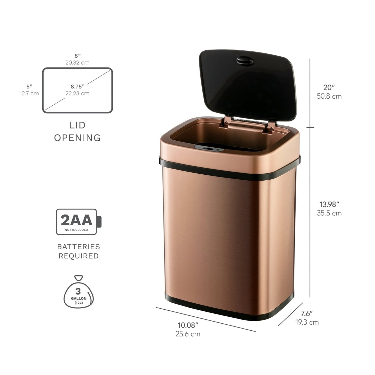 Cubo de basura de acero inoxidable sin contacto con sensor de movimiento de 3 galones con acabado en oro cobre