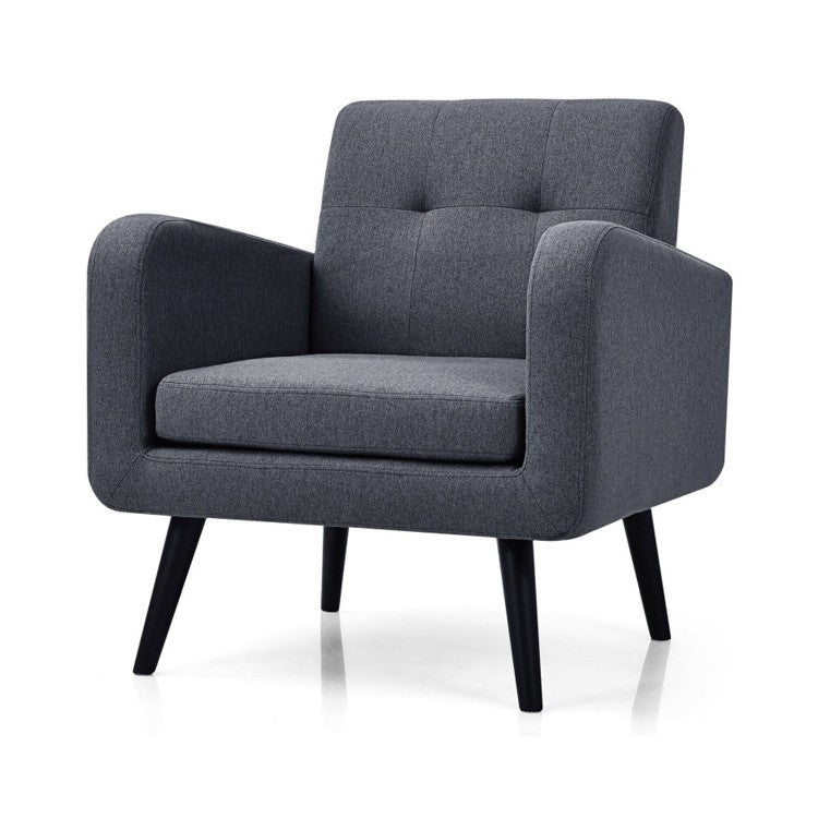 Sillón decorativo moderno de mediados de siglo de lino gris con patas de madera
