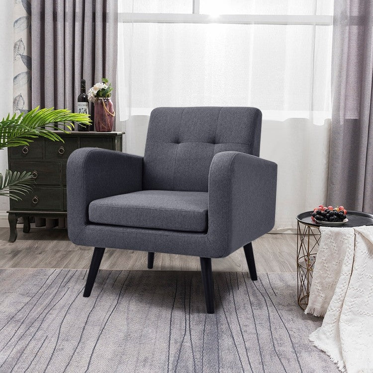 Sillón decorativo moderno de mediados de siglo de lino gris con patas de madera