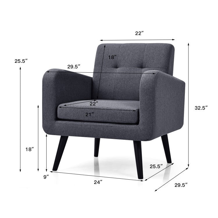Sillón decorativo moderno de mediados de siglo de lino gris con patas de madera