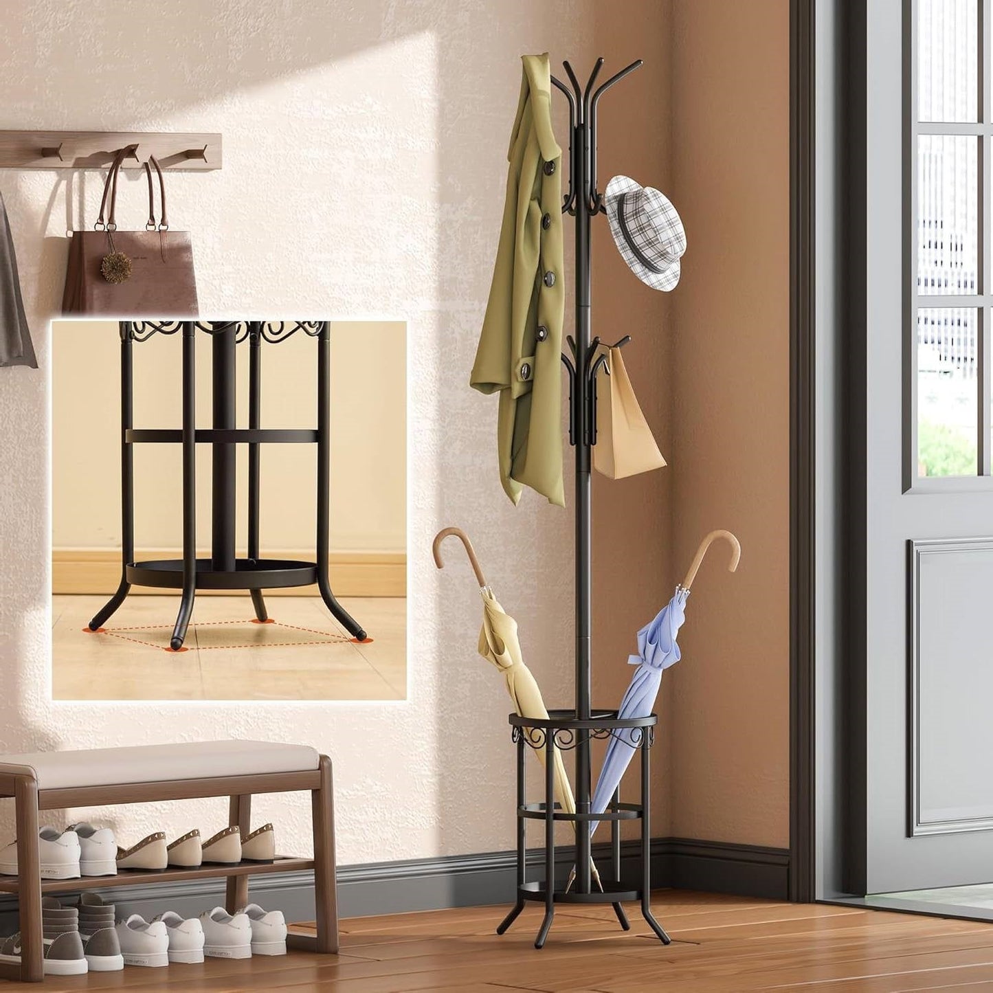Black Metal Entryway Coat Rack Hall Tree with Umbrella Stand