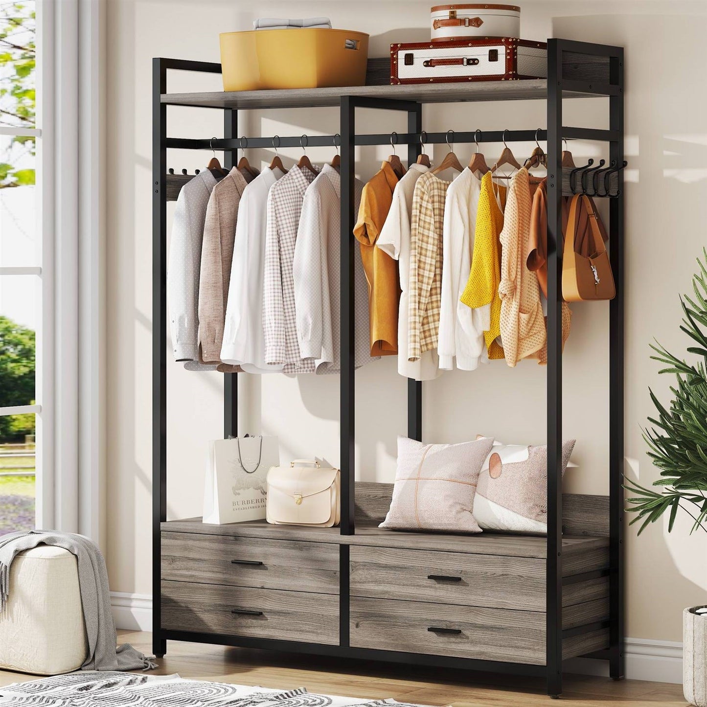 Perchero moderno gris y negro con barra para colgar ropa y 4 cajones de almacenamiento