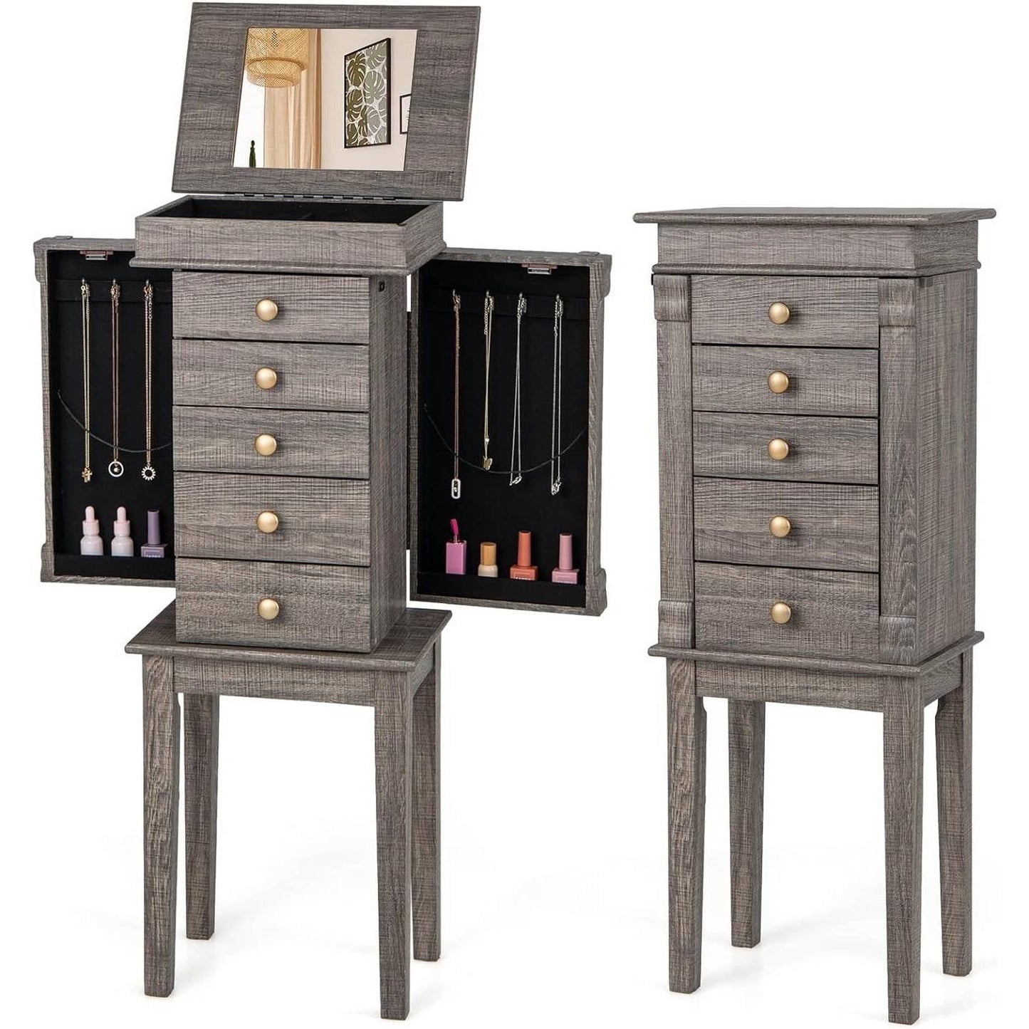 Gabinete joyero con espejo superior y 5 cajones en acabado de madera gris