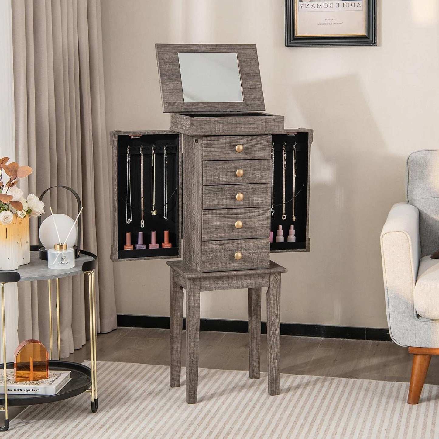 Gabinete joyero con espejo superior y 5 cajones en acabado de madera gris