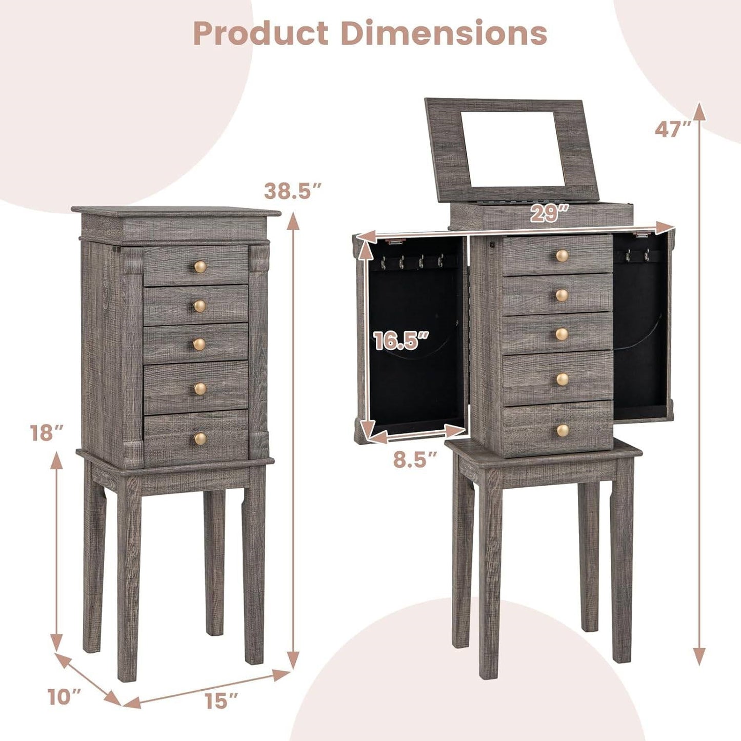 Gabinete joyero con espejo superior y 5 cajones en acabado de madera gris
