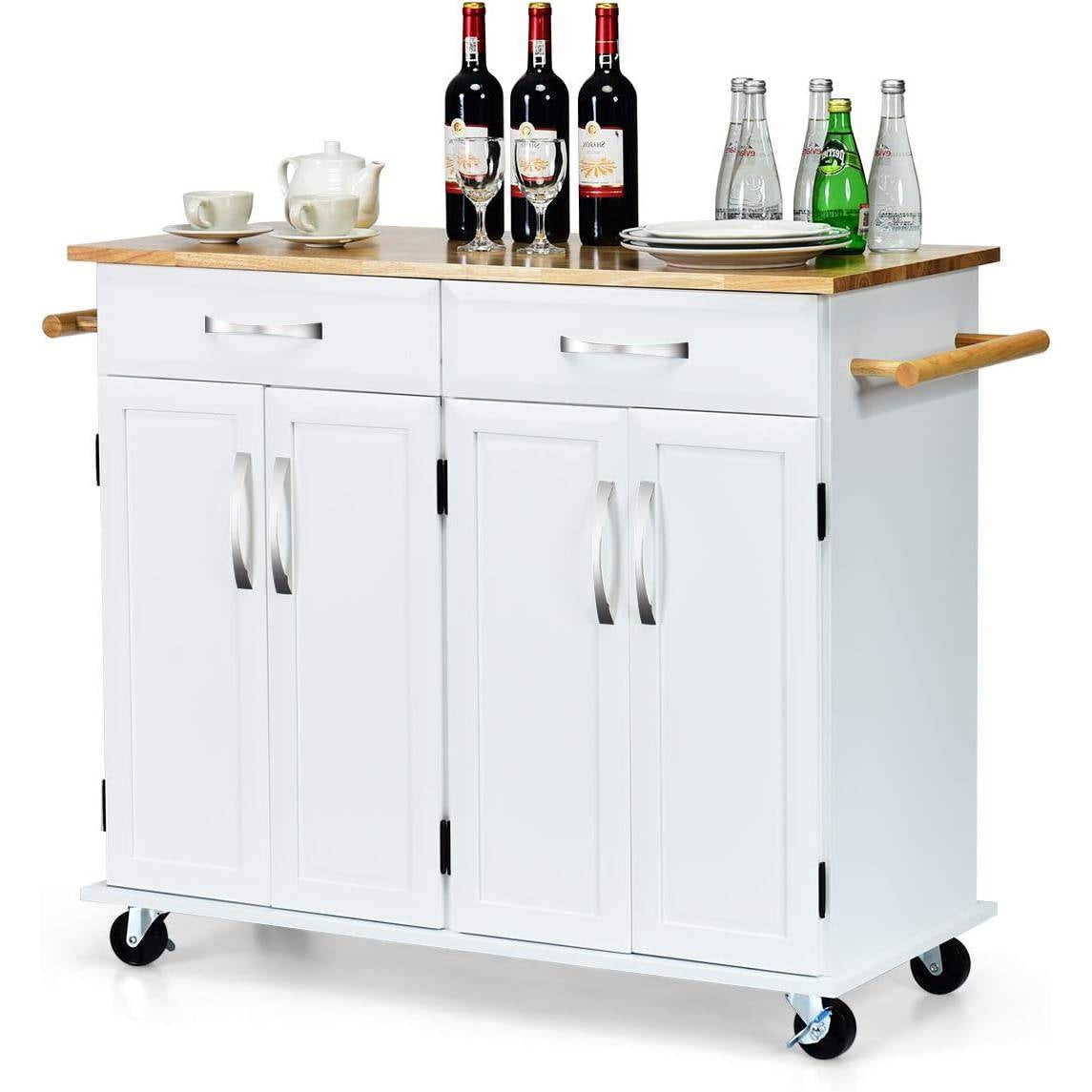 Carrito de cocina isla blanco con cubierta de madera, 2 cajones y gabinete de almacenamiento inferior