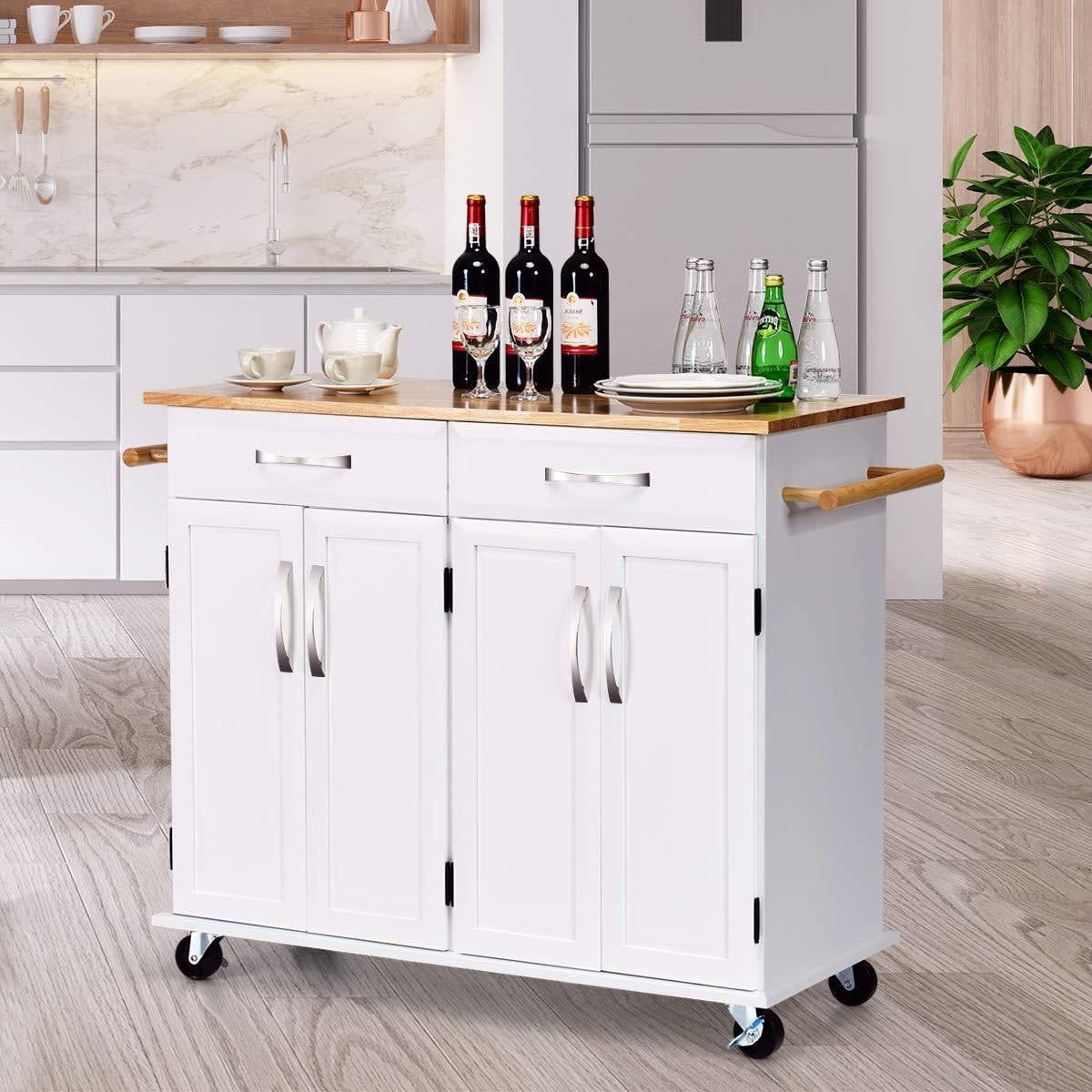 Carrito de cocina isla blanco con cubierta de madera, 2 cajones y gabinete de almacenamiento inferior