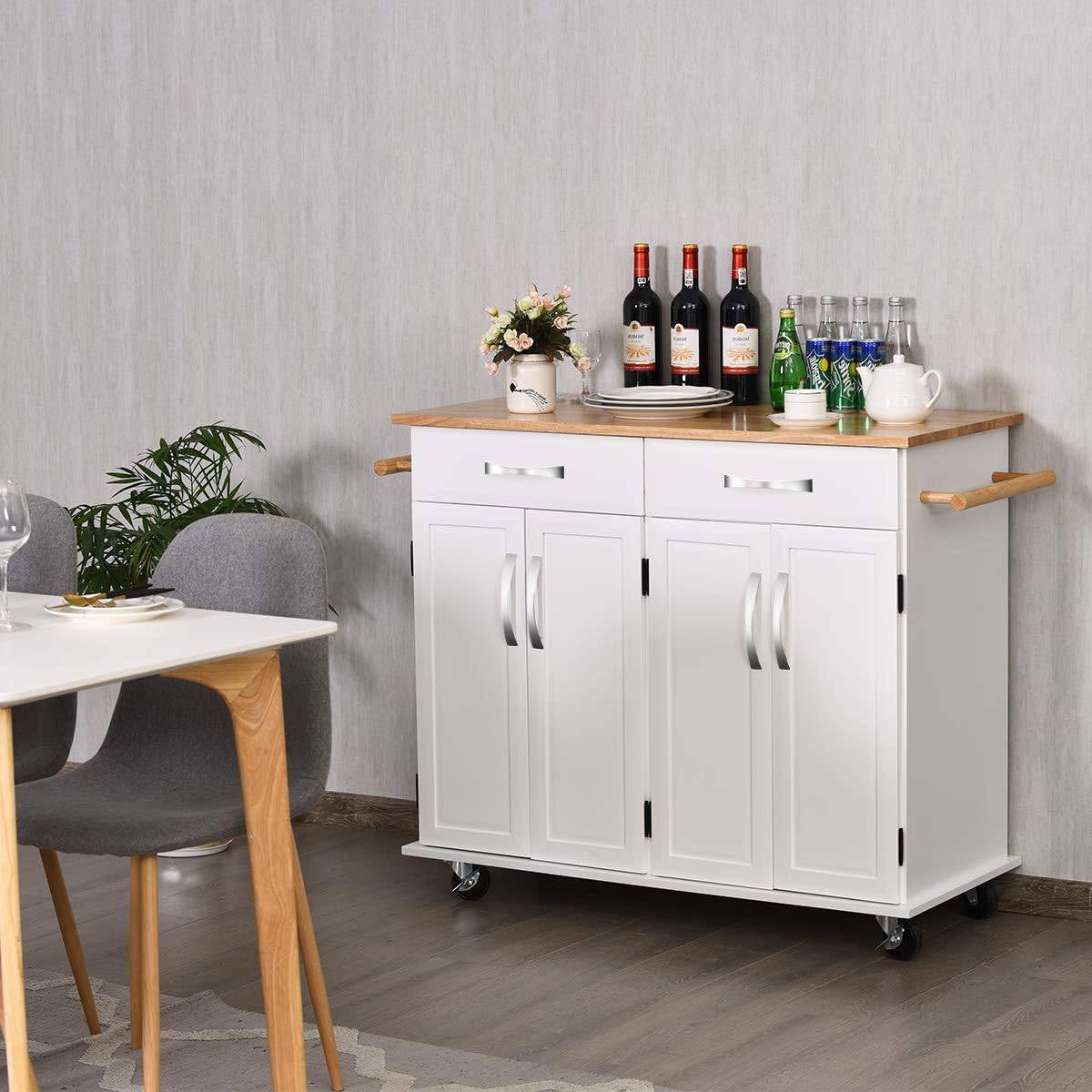 Carrito de cocina isla blanco con cubierta de madera, 2 cajones y gabinete de almacenamiento inferior