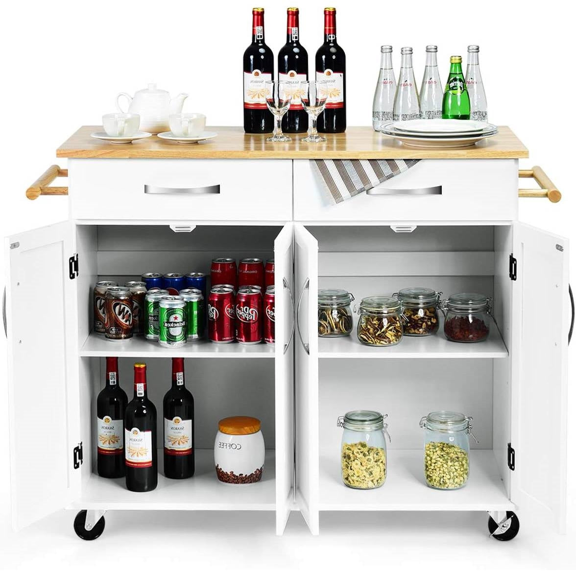Carrito de cocina isla blanco con cubierta de madera, 2 cajones y gabinete de almacenamiento inferior