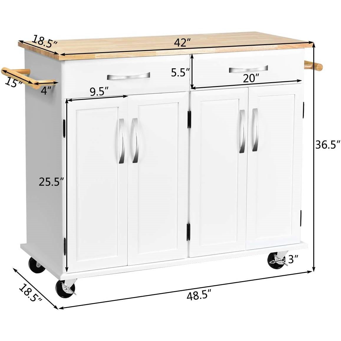Carrito de cocina isla blanco con cubierta de madera, 2 cajones y gabinete de almacenamiento inferior