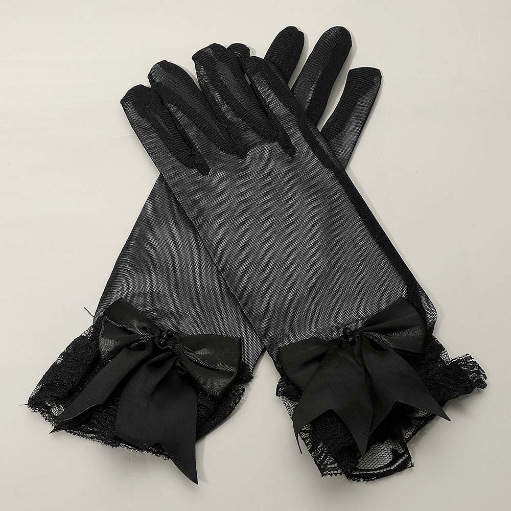 Dressy Sheer Lace Satin Bow Trim Gloves