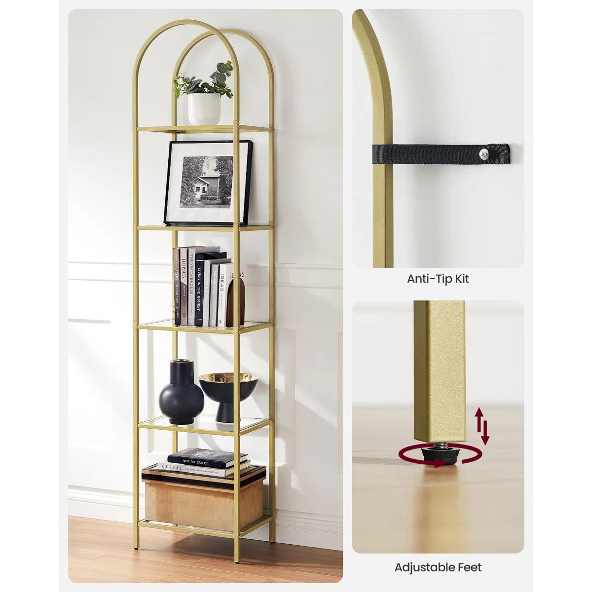 Estantería estrecha de metal dorado con parte superior arqueada y 5 estantes de cristal para almacenamiento