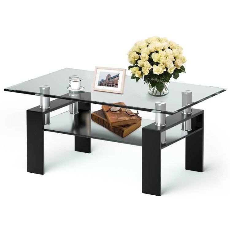 Mesa de centro moderna de cristal de 2 niveles con patas de metal negras