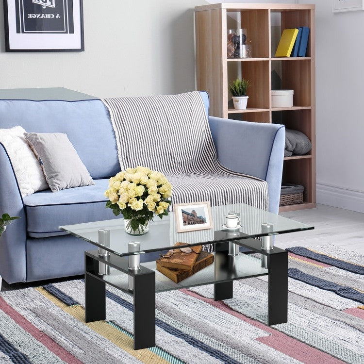 Mesa de centro moderna de cristal de 2 niveles con patas de metal negras