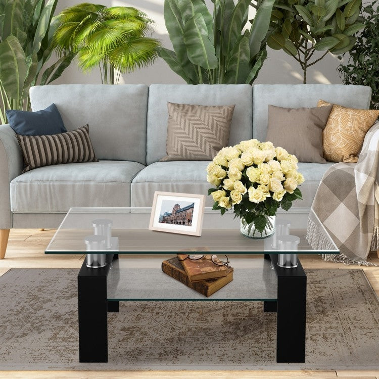 Mesa de centro moderna de cristal de 2 niveles con patas de metal negras