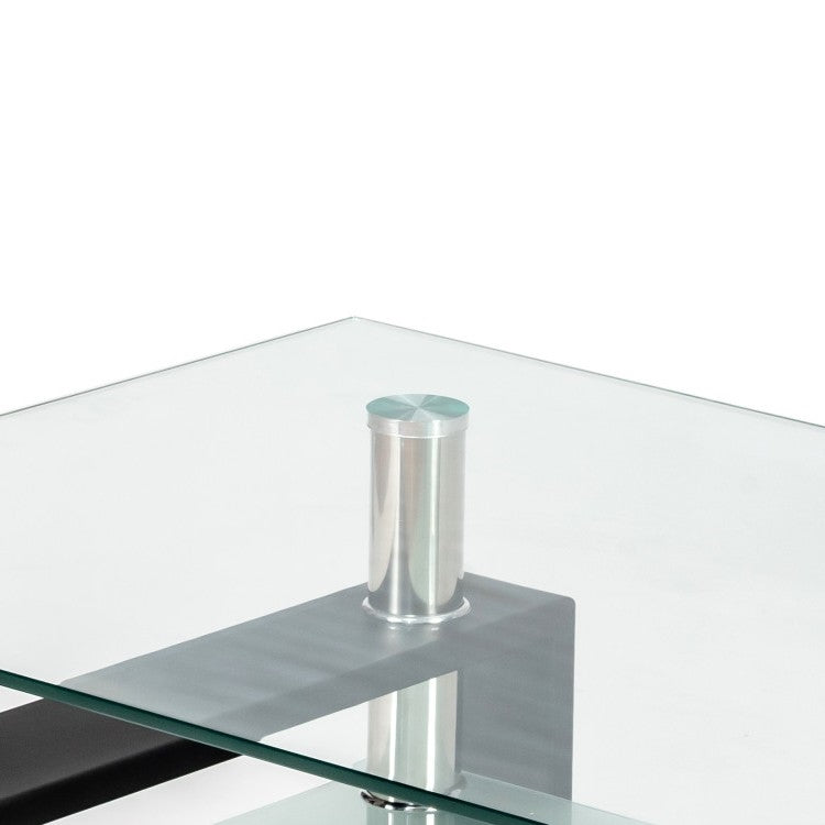 Mesa de centro moderna de cristal de 2 niveles con patas de metal negras