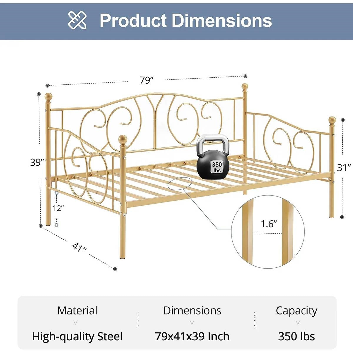 Estructura de diván de metal dorado estilo campestre francés tamaño individual