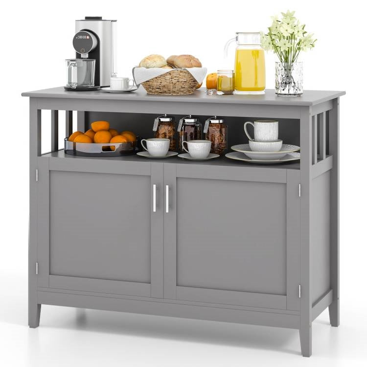 Aparador de comedor de 2 puertas de madera gris con estante de almacenamiento abierto