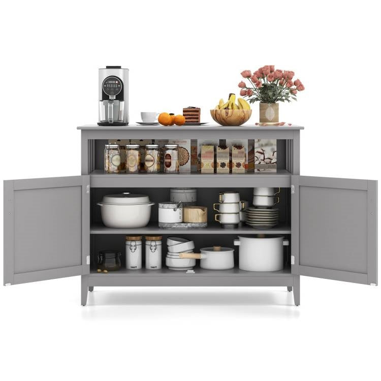 Aparador de comedor de 2 puertas de madera gris con estante de almacenamiento abierto