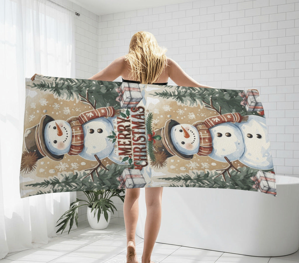 Happy Snowman Scene with Pine Trees Bath/Beach Towel