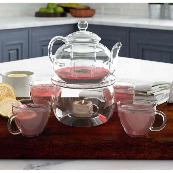 Juego de Tetera de Cristal de 6 Piezas con 4 Tazas, Calentador de Tetera e Infusor