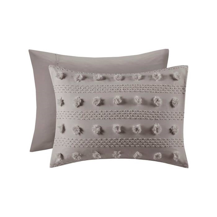 Juego de edredón de microfibra gris de 3 piezas tamaño King/Cal King con pompones decorativos