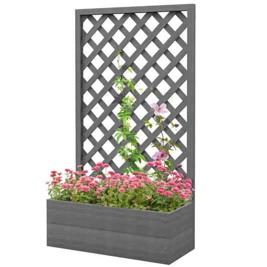 Jardinera elevada para exteriores con enrejado de celosía en acabado de madera gris
