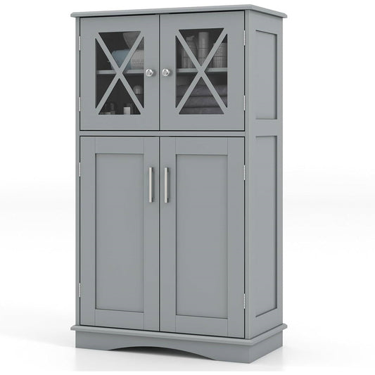 Mueble de lino para baño gris con puertas de vidrio y estantes de almacenamiento