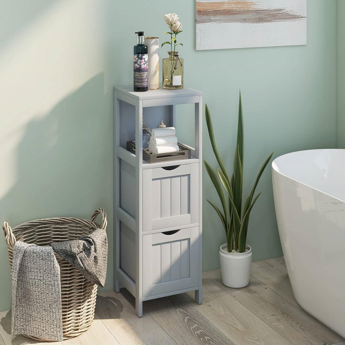 Mueble de Baño de Pie de 2 Cajones Modern Farmhouse con Estante y Acabado en Madera Gris
