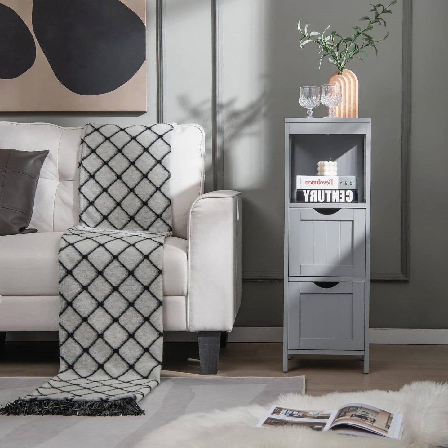 Mueble de Baño de Pie de 2 Cajones Modern Farmhouse con Estante y Acabado en Madera Gris